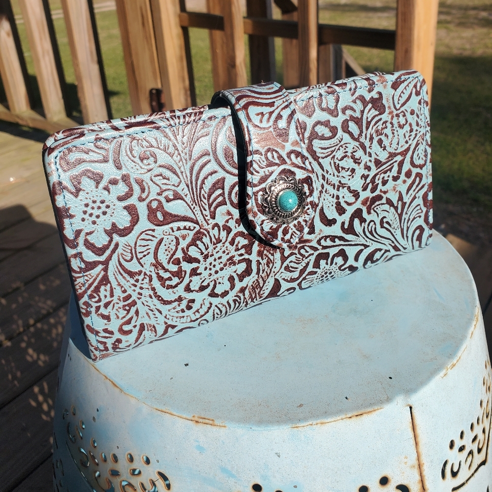 Myra embossed genuine leather wallet with turquoise accents
